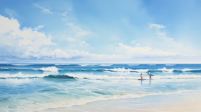 A watercolor depiction of a lone surfer paddling out to catch a wave, with a vast ocean horizon stretching before them.