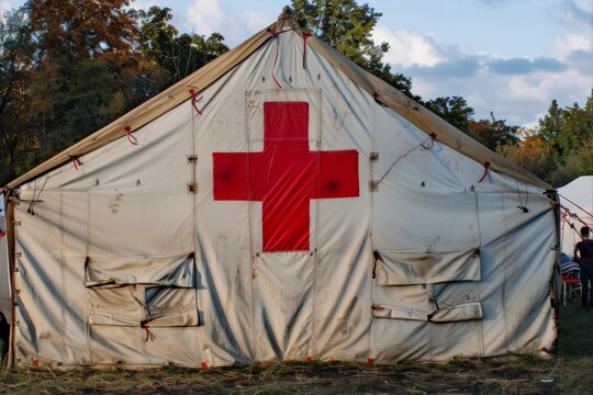 The large red cross symbol on the medical tent ready to provide aid to injured spectators.