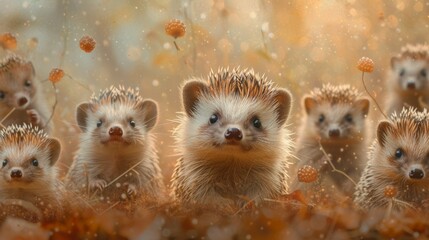 A group of hedgehogs with alert expressions among autumn leaves, highlighted by a warm glow. - obrazy, fototapety, plakaty