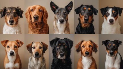 Array of diverse dog breeds looking forward, showcasing canine diversity.