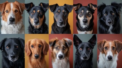 Various breeds of dogs against colorful backgrounds, showcasing diversity.