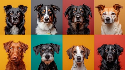 Colorful dogs against vibrant backgrounds in a striking portrait grid.