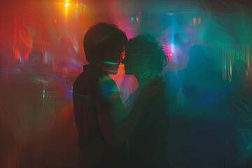 Motion blur of couple dancing in club, colorful light at night 