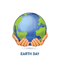 Hands holding globe happy earth day saving planet background