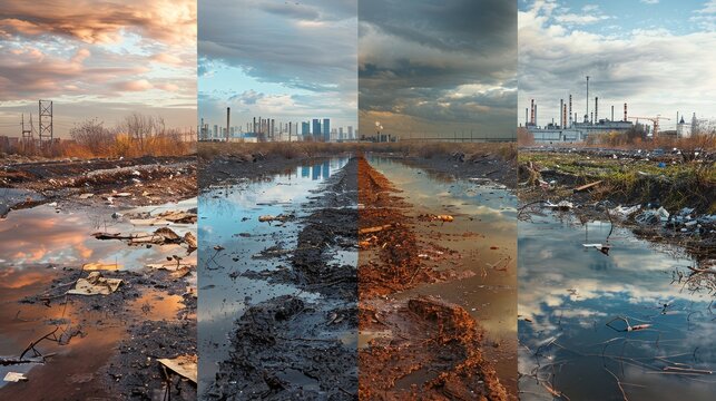 A collage of images depicting the before - and - after effects of environmental cleanup efforts, with polluted areas transformed into clean and healthy environments