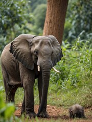 Naklejka premium Mother elephant and her calf roaming in their natural habitat. Generative AI
