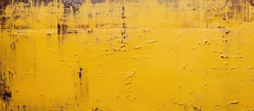A detailed close-up of a yellow metal surface with chipped and peeling paint, revealing the textures and wear of the material
