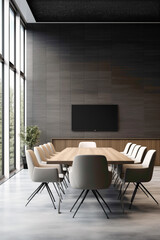 Naklejka na ściany i meble A sleek gray meeting room with a wooden feature wall and a blank white empty frame.