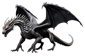 Fototapeta premium Phantasy full body black dragon PNG giant mystical reptile cut out isolated on a white and transparent background - Legendary Mythical creature rpg magic game advertising concept