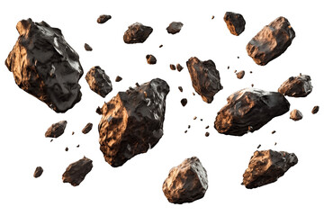 Falling group of Asteroids PNG meteor debris rocks isolated on a white and transparent background - astronomy solar system asteroids shower celestial bodies universe space advertisement