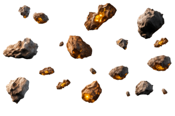 Falling group of Asteroids PNG meteor debris rocks isolated on a white and transparent background - astronomy solar system asteroids shower celestial bodies universe space advertisement