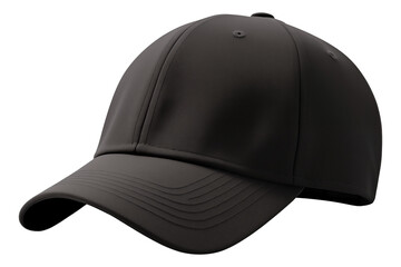 front view of a black baseball cap PNG mockup isolated on a white and transparent background - baseball headwear cut-out 