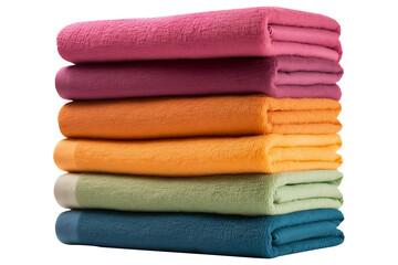 group of multi-colored towels PNG isolated on a white and transparent background - bathroom clean cotton towels for a Gym or hotel advertising concept
