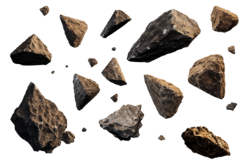 Falling group of Asteroids PNG meteor debris rocks isolated on a white and transparent background - astronomy solar system asteroids shower celestial bodies universe space advertisement
