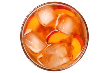 top view of a fresh peach ice tea PNG with ice cubes isolated on a white and transparent background - refreshing fruit ice tea drink cold cocktail summer concept