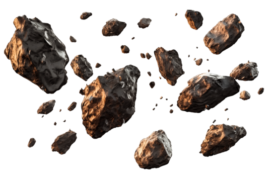 Falling group of Asteroids PNG meteor debris rocks isolated on a white and transparent background - astronomy solar system asteroids shower celestial bodies universe space advertisement