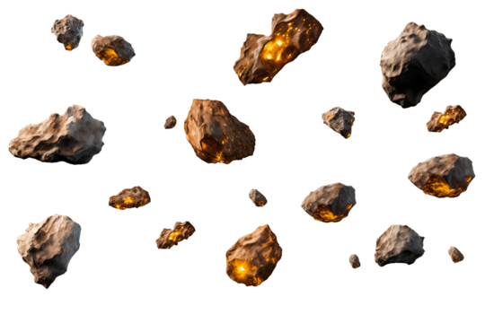 Falling group of Asteroids PNG meteor debris rocks isolated on a white and transparent background - astronomy solar system asteroids shower celestial bodies universe space advertisement