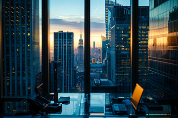 An office view with a beautiful city skyline