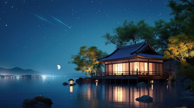 Enchanting Japanese house by the tranquil lake, enveloped in the mystique of a fantasy night, radiating serenity and cha Seamless looping 4k time-lapse virtual video animation background. Generated AI
