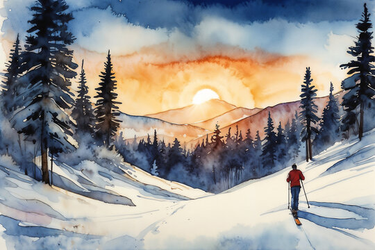 Watercolor Skiing at Sunset