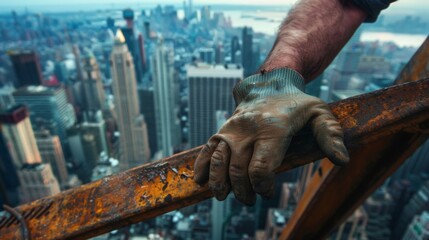A closeup of a construction workers calloused hands gripping a steel beam with a sprawling cityscape in the background. The image captures the physical labor and sacrifice - obrazy, fototapety, plakaty