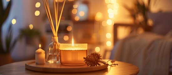Liquid fragrance in container with bamboo sticks and candle on table in bedroom in cozy setting. Warm and inviting ambiance.