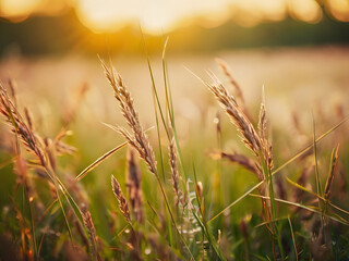 Fototapeta premium Beautiful grass flower meadow at sunset. Nature background. Soft focus generative by AI