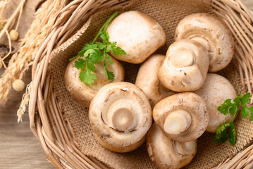 Fresh Champignon mushroom in natural basket, Top view