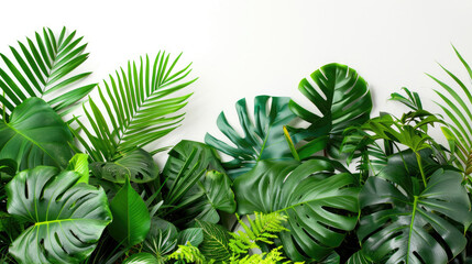 Indoor garden arrangement of lush tropical plants with green leaves on white backdrop