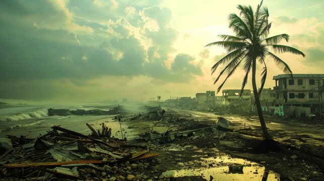 A lone palm tree stands stubbornly a the ruins of a bustling city its tall trunk bent and broken by the powerful force of the tsunami.