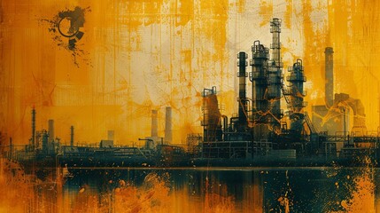A collage of toxic symbols and waste materials in yellow and orange colors, symbolizing the hazards of industrial pollution 