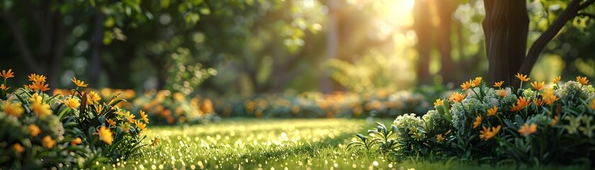 Sunbeams gently caress vibrant flowerbeds amidst the rich greenery of a peaceful park, highlighting nature's beauty in the morning light. - obrazy, fototapety, plakaty