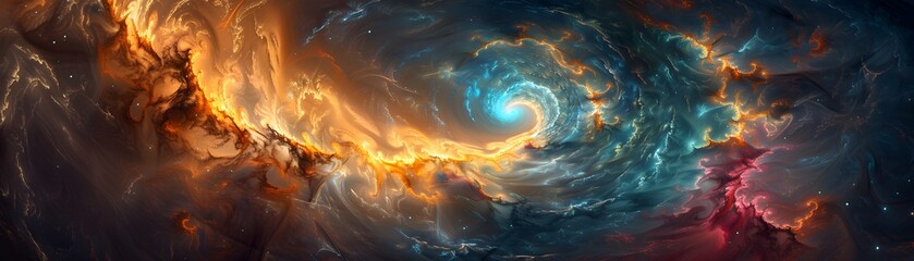 Vibrant orange and cool blue hues intertwine in an abstract digital artwork, depicting a cosmic dance of fire and ice with swirling patterns.