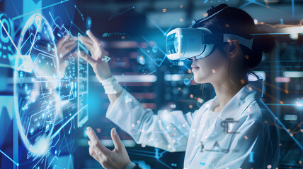 A woman wearing a white lab coat is using a virtual reality headset. She is touching a screen with her finger, and the image is full of bright colors and patterns. Scene is energetic and futuristic
