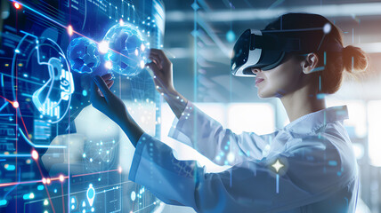A woman wearing a white lab coat is using a virtual reality headset. She is touching a screen with her finger, and the image is full of bright colors and patterns. Scene is energetic and futuristic - obrazy, fototapety, plakaty
