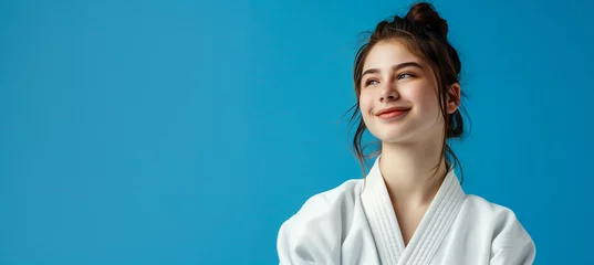 Fototapeten Cheerful european girl practicing judo or karate with space for text © pijav4uk