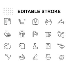 A set of icons for a bathroom. The icons include a toilet, a bathtub, a shower, a sink, a towel, a robe, a dresser.