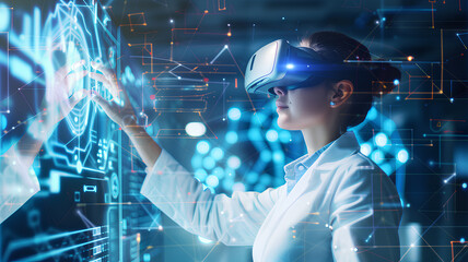A woman wearing a white lab coat is using a virtual reality headset. She is touching a screen with her finger, and the image is full of bright colors and patterns. Scene is energetic and futuristic