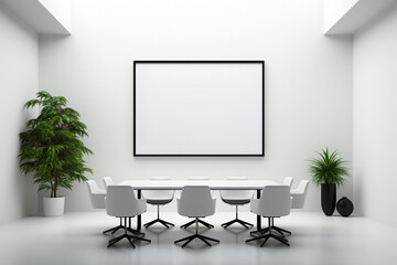 A sleek black and white meeting room with a blank white empty frame.