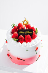 Delicious birthday cake with fresh strawberries, on wooden table and white background. Free space for your text. - 766753901