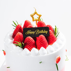 Delicious birthday cake with fresh strawberries, on wooden table and white background. Free space for your text. - 766753942