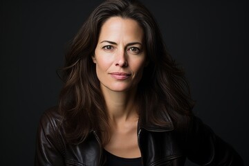 Portrait of a beautiful brunette woman in leather jacket on a dark background