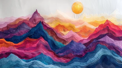 Foto op Aluminium Bergen Mountain Peak Vibrant Mythical Hues   Hand-Embroidered ,