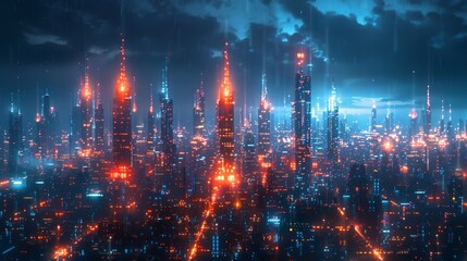 A conceptual image of a futuristic city skyline with digital security networks and surveillance technology - obrazy, fototapety, plakaty