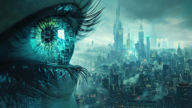 A conceptual image of a futuristic city skyline with digital security networks and surveillance technology