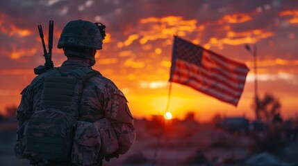 American soldier looking at USA flag in the sunset