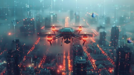 A conceptual image of a futuristic security drone patrolling a digital cityscape for cyber threats  - obrazy, fototapety, plakaty