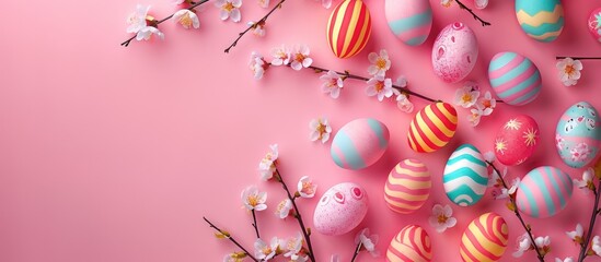 Background with stylish colorful easter eggs on pink pastel background accompanied by blooming cherry branches. This design is ideal for web banners, showcasing a flat lay, top view, mockup style. - obrazy, fototapety, plakaty