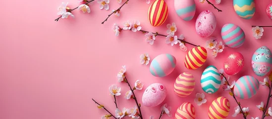 Fotobehang Background with stylish colorful easter eggs on pink pastel background accompanied by blooming cherry branches. This design is ideal for web banners, showcasing a flat lay, top view, mockup style. © Vusal