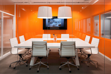 A bright and energizing meeting room with vibrant orange walls, sleek white furniture, and a large glass board for creative brainstorming sessions.